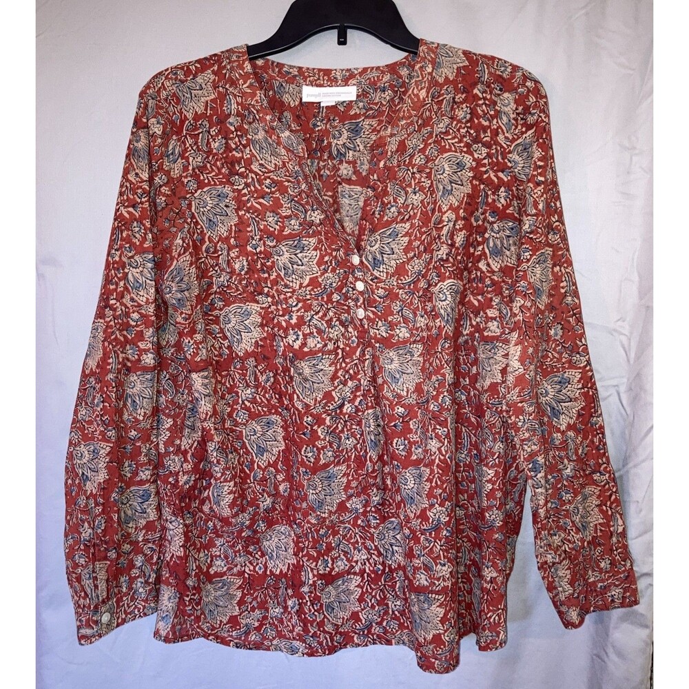 Pure Jill Women’s Small Rust Red Organic Cotton Long Sleeve Floral Top Boho